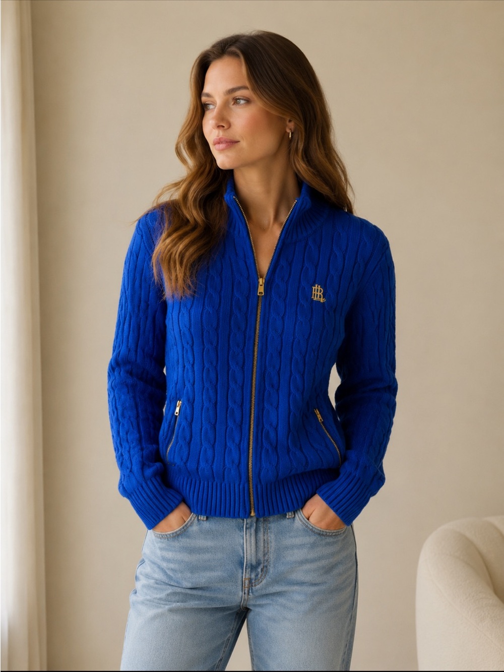 NWT Lauren Ralph Lauren Cable-Knit Full-Zip Sweater Jacket Royal Blue XL